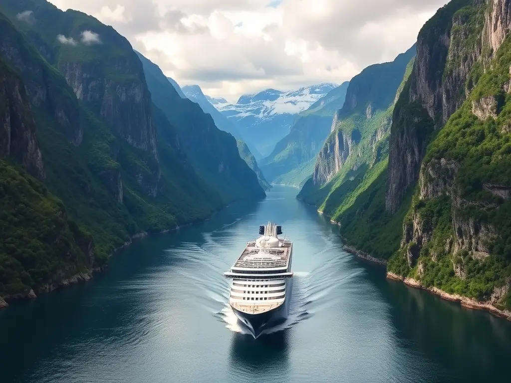 An aerial view of a cruise ship navigating through the Norwegian fjords, showcasing the stunning natural landscapes and unique travel experience.