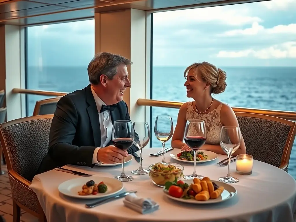 A couple enjoying a romantic dinner on the deck of a cruise ship, with the ocean and stars as their backdrop, representing a romantic getaway.