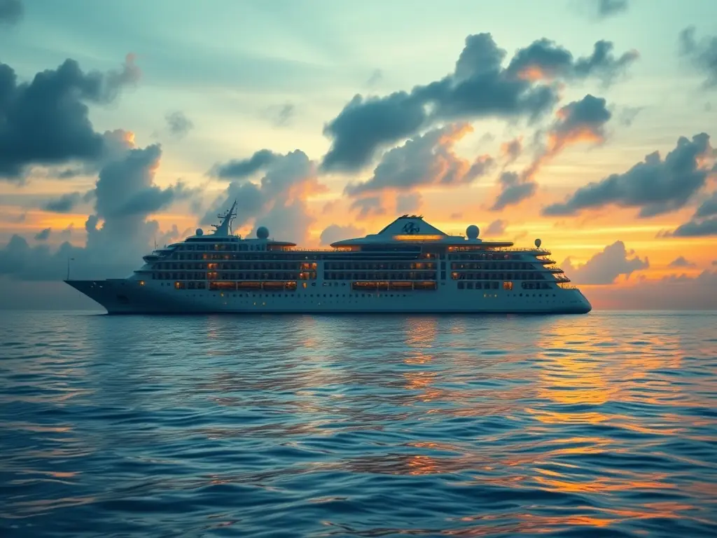 A luxurious cruise ship sailing through crystal-clear turquoise waters at sunset, symbolizing relaxation and high-end travel.