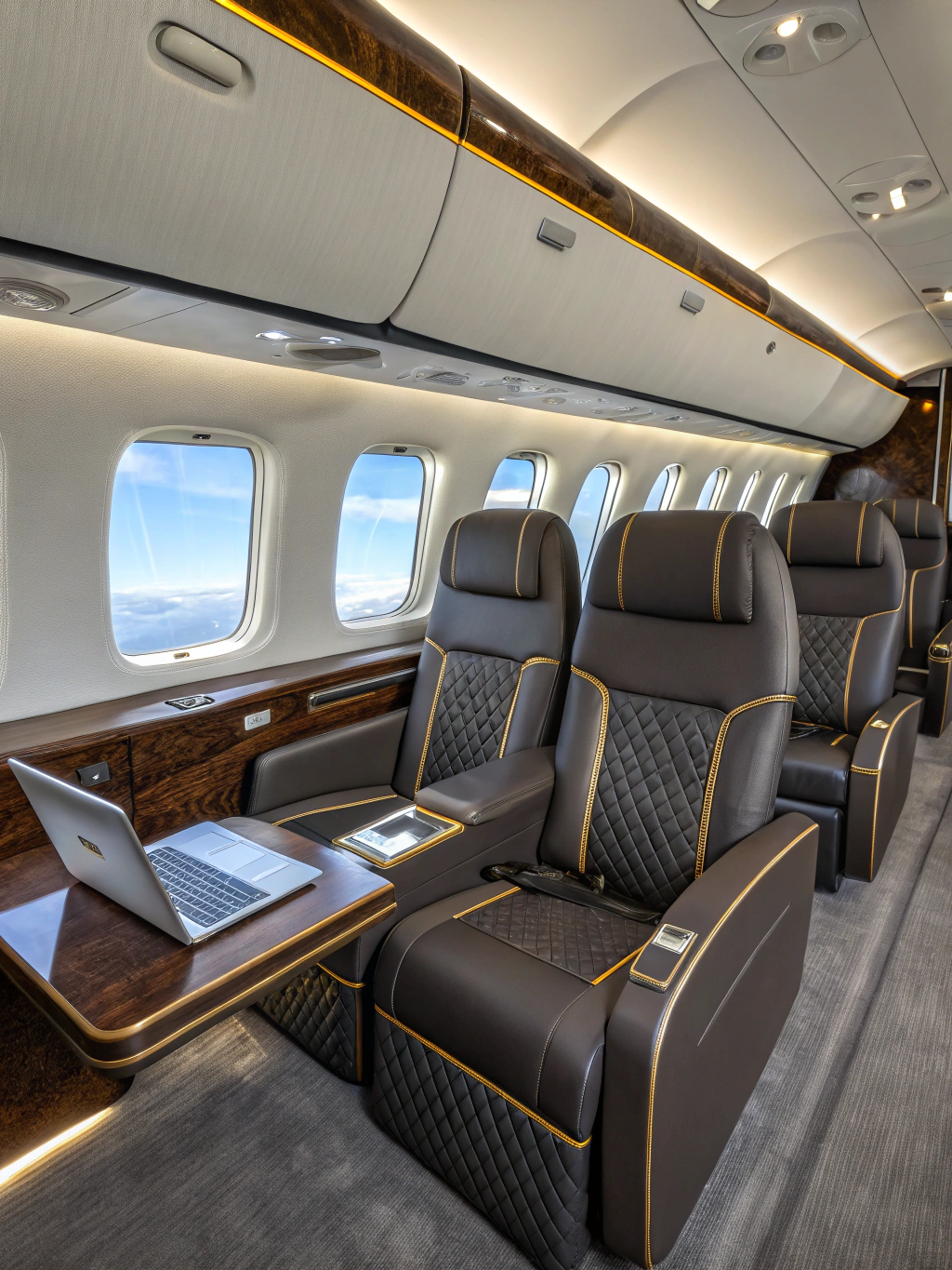 Ultra-luxury private jet interior with champagne service