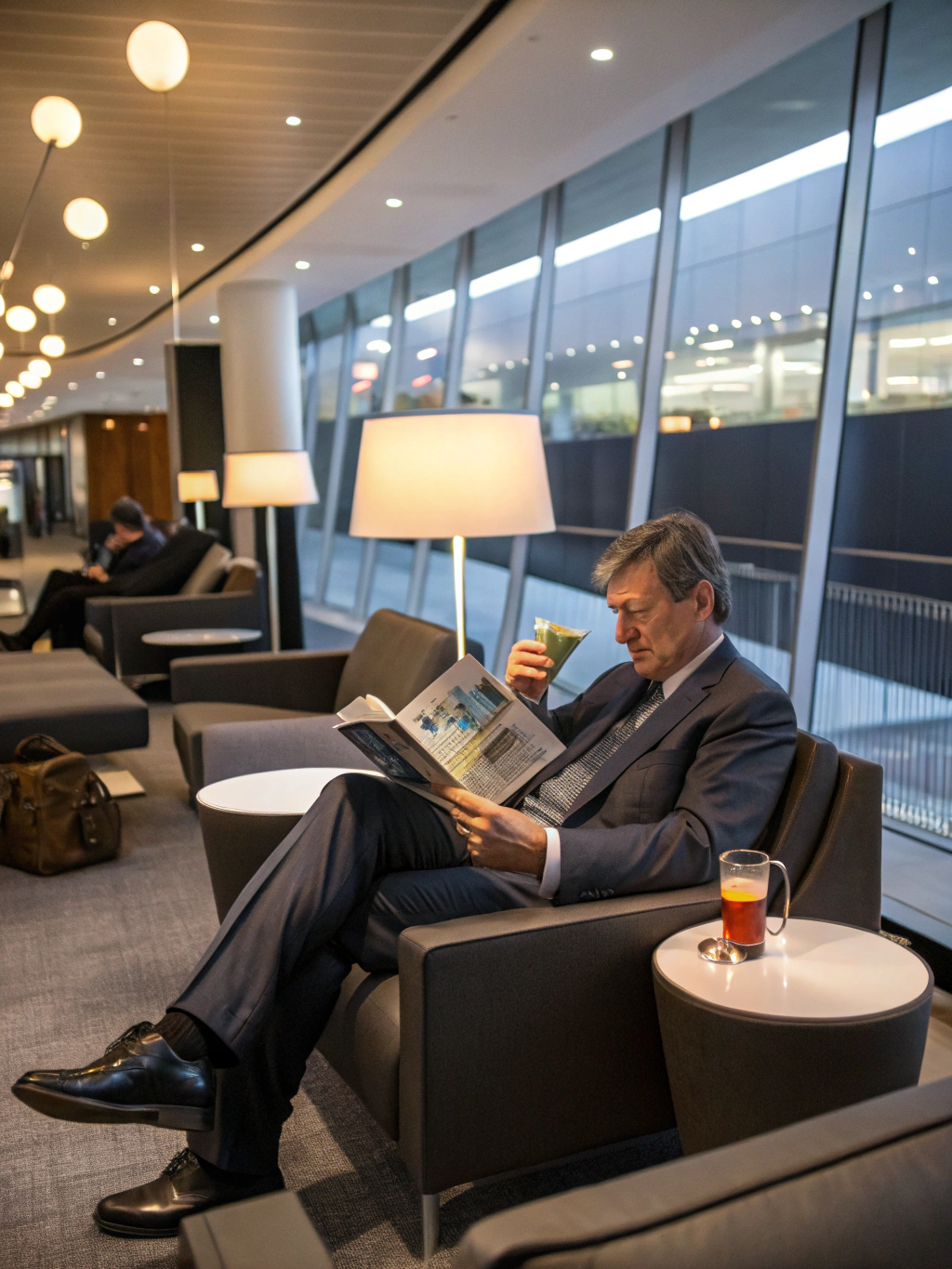 Sophisticated traveler using the Tern App in a luxury lounge